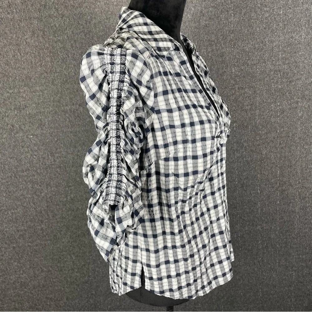 Veronica Beard Navy and White Plaid Ruched -Sleeve Blouse
